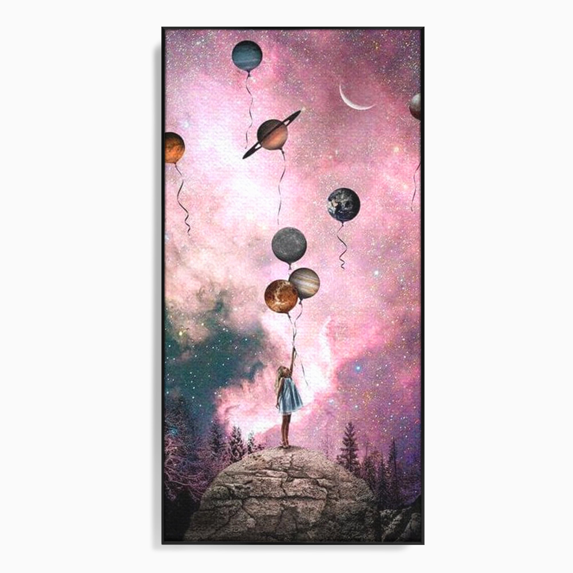 Tablou canvas cu ilustratie fetita tinand baloane planete, in rama de aluminiu negru